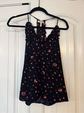 Rebecca Taylor Silk Floral Ruffle Camisole Top Size 4 Navy Pink Racerback